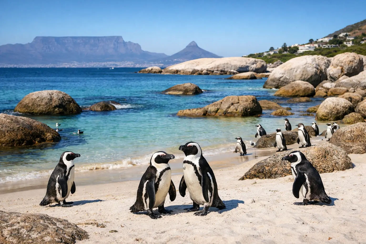 African penguins on Boulders Beach with Table Mountain in the distance
