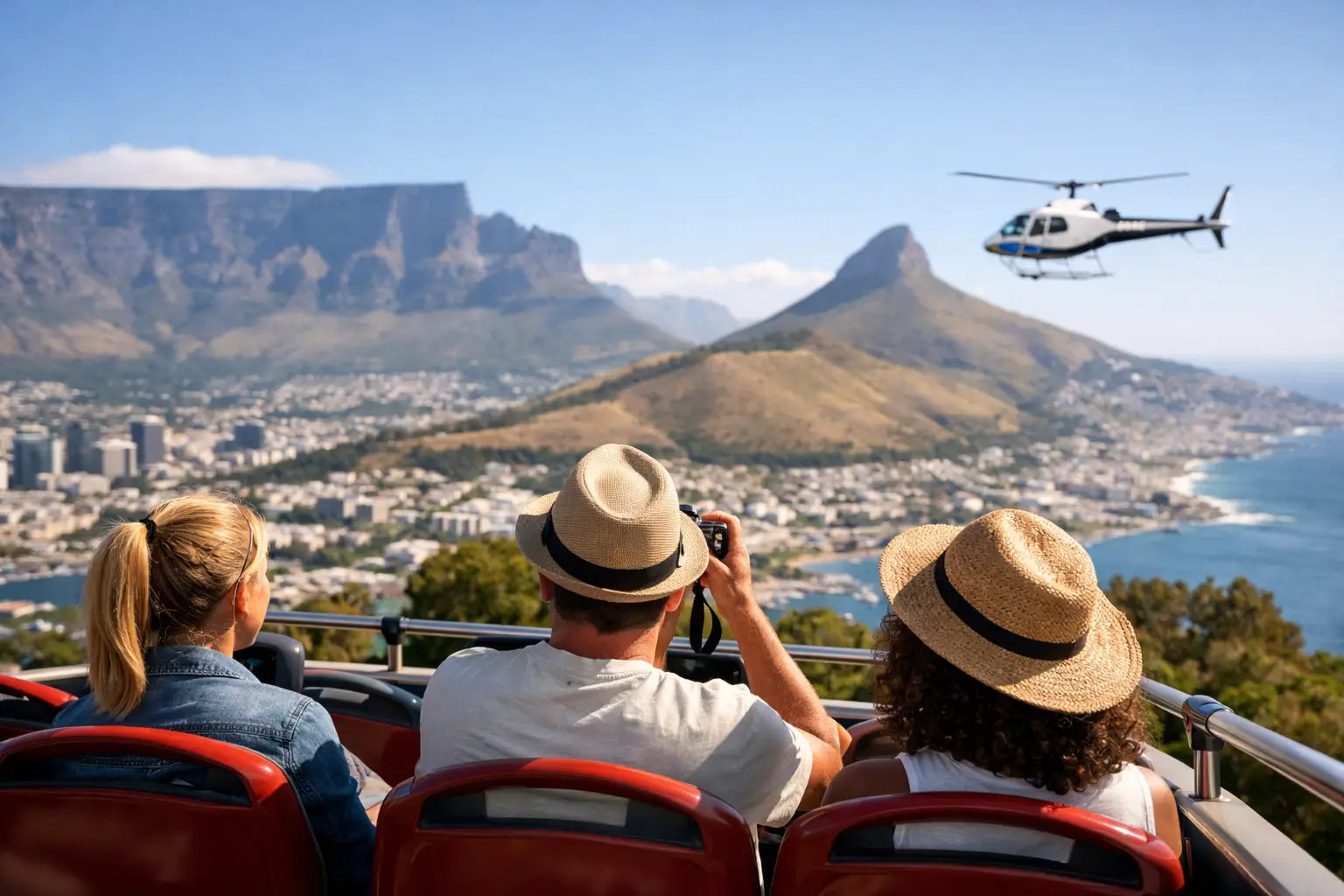 Visitors on an open-top tour looking out over Table Mountain and Lion's Head